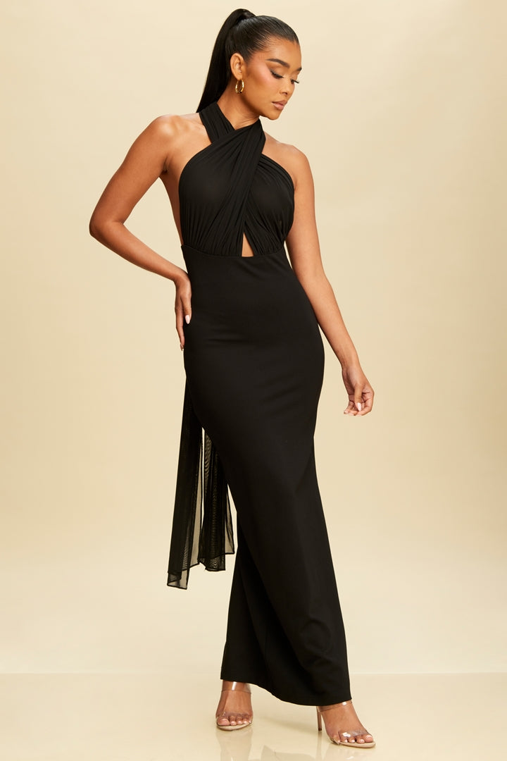 Scarf Tie Neck Elegance Slit Maxi Dress