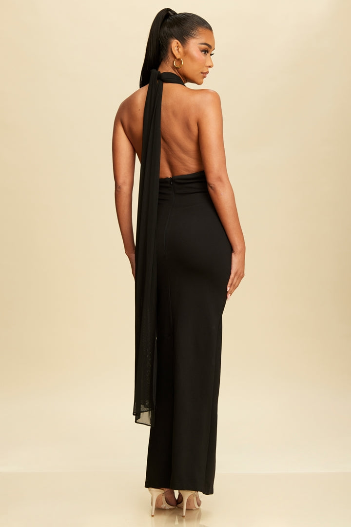 Scarf Tie Neck Elegance Slit Maxi Dress