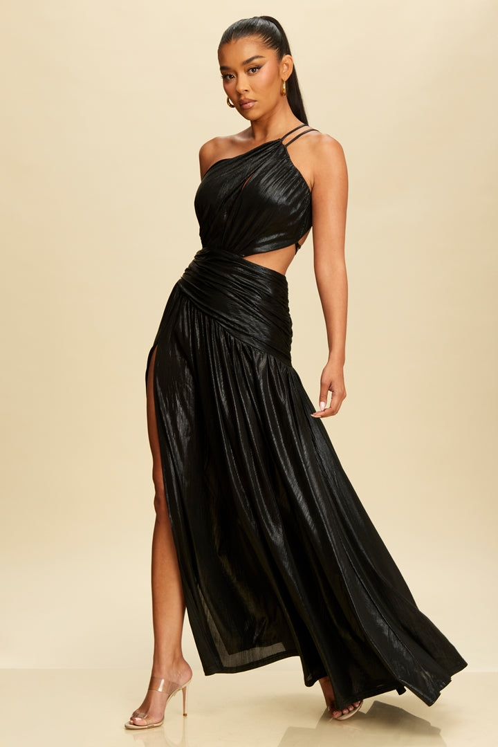 Metal Jersey One-Shoulder Strappy Dress