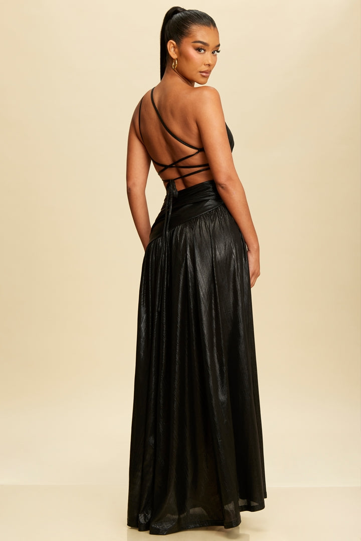 Metal Jersey One-Shoulder Strappy Dress