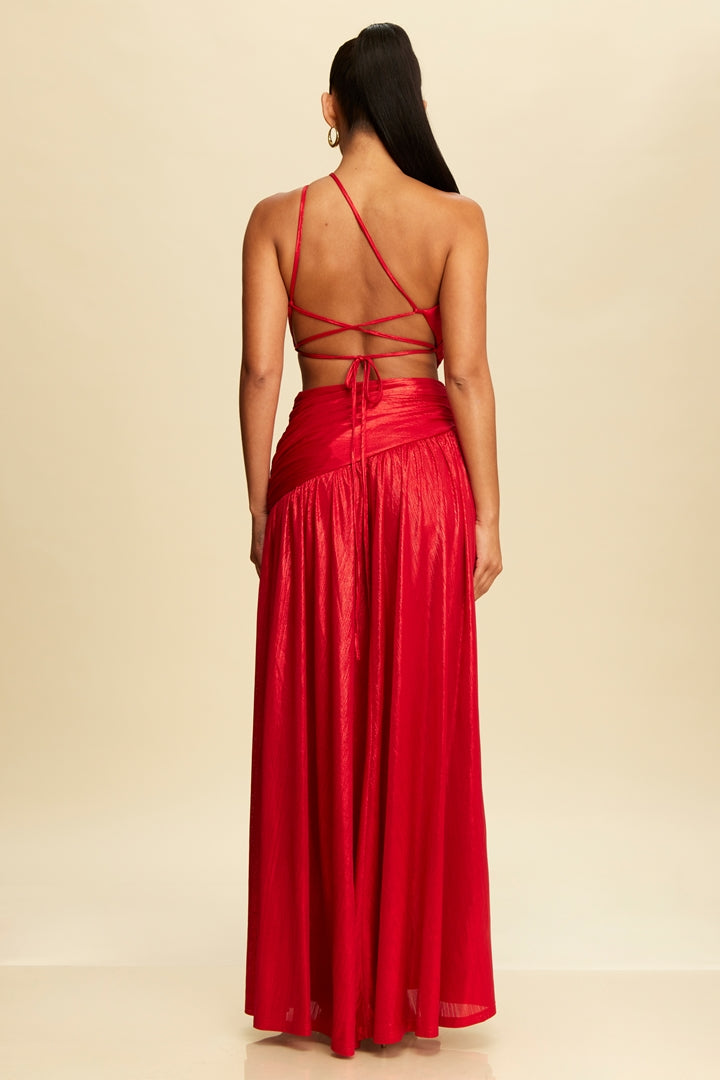 Metal Jersey One-Shoulder Strappy Dress