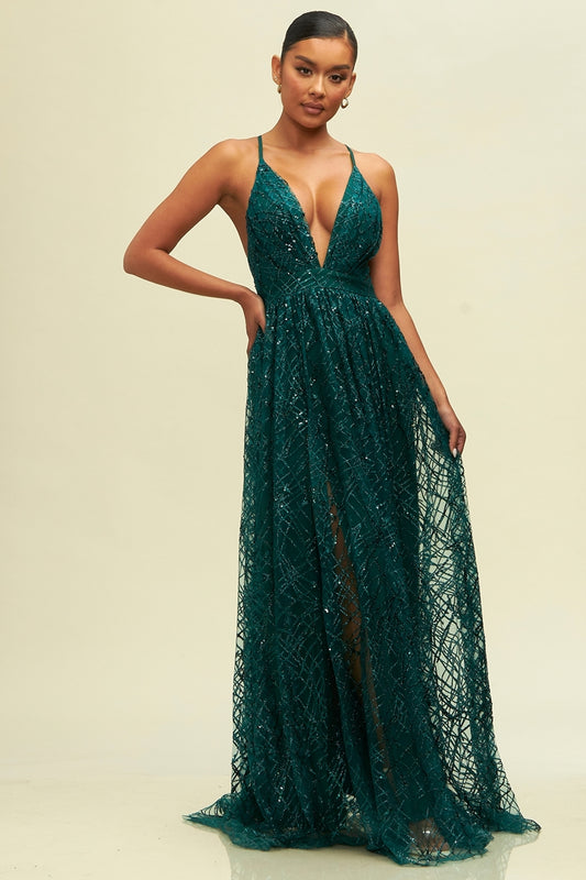 Glitter and Sequin Top Mesh Gown-MAXI DRESS