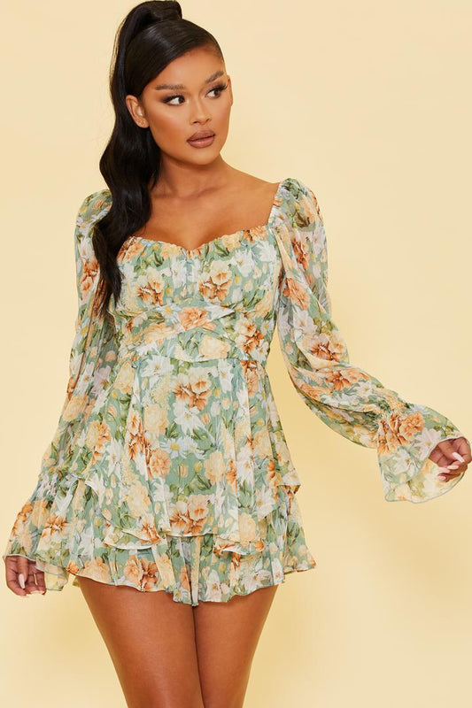 Long Sleeves Floral Skort Romper in Light Green-ROMPER